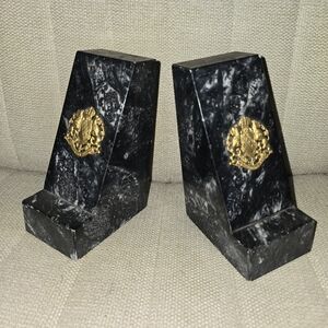 Vintage Crown Lion Crest Coat Of Arms Shield  Gold Tone Marble Bookends